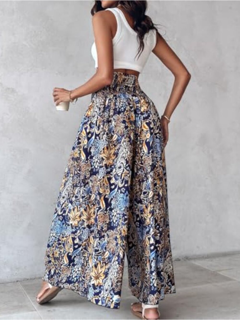 Boho Floral Shirred High Waisted Wide Leg Palazzo Pants Flowy Summer Beach - Picture 2 of 6